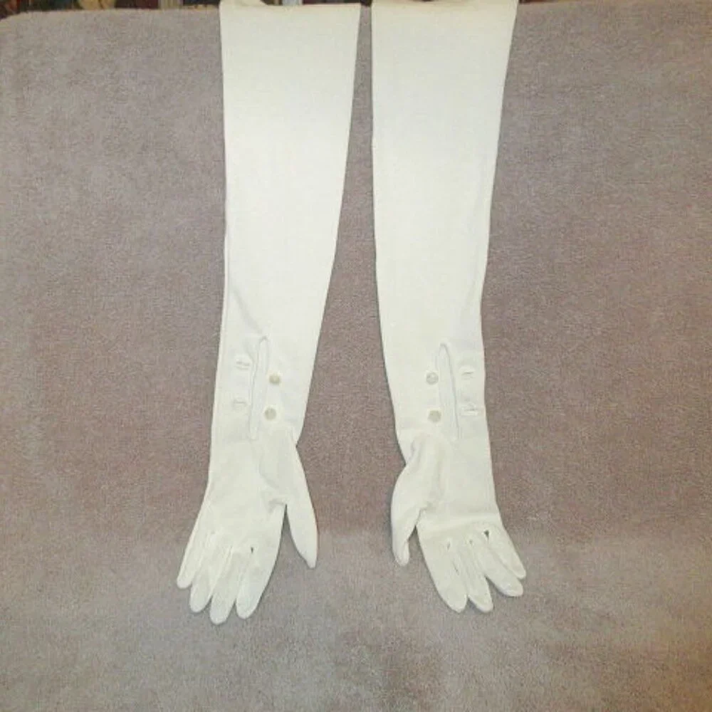 Vtg Long Satin Opera Gloves OS Formal Elegant Evening Wear Hollywood Regency 70s